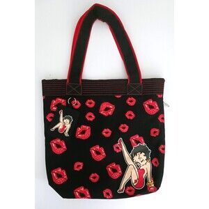 Betty Boop Blk Canvas Med Tote Bag Red Lips /Betty ID Tag Attached